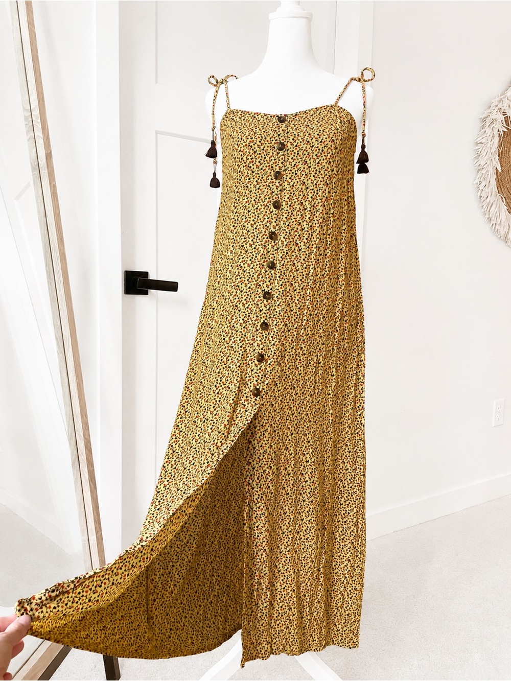 Faithfull the Brand Yellow Floral Tie-Strap Midi Dress with Tassels Boho